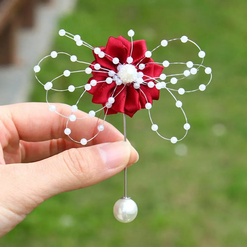

4piece/lot Pearl Groomsmen Wedding Flowers Corsages And Boutonnieres Set Silk Bridesmaid Wrist Corsage With Beads Mariage XS0679