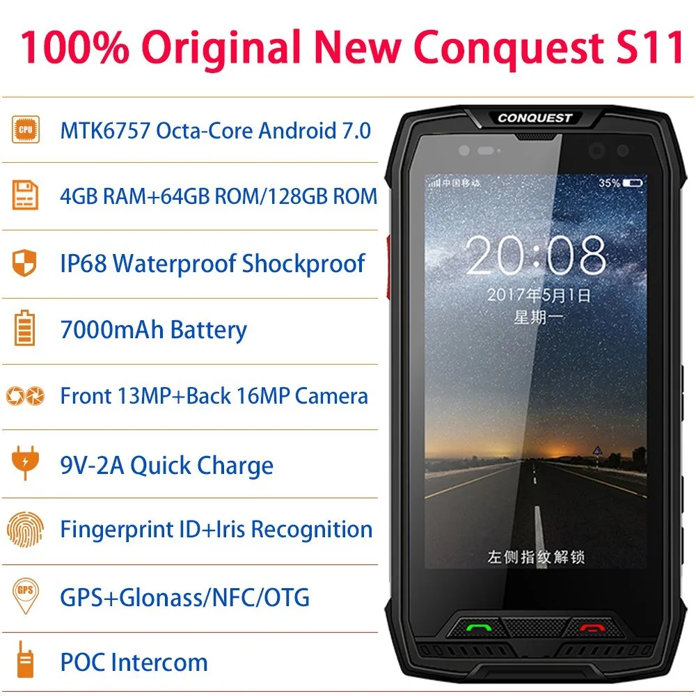 Conquest S11 смартфон с 5 дюймовым дисплеем ОЗУ 6 ГБ ПЗУ 7000 128 мАч Android 7 0|mobile phone|rugged mobile