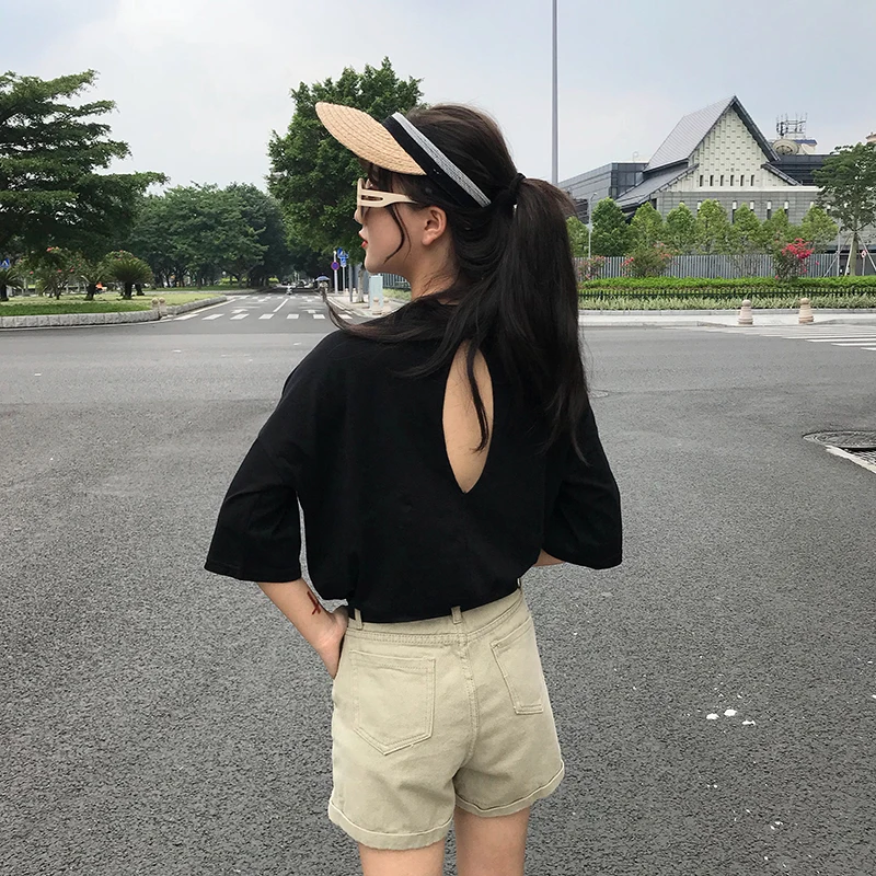 

Black T-shirt Women Summer Tops Funny Ladies t shirts Korean style Short Sleeve Solid O-neck Backless Tees Harajuku Simple