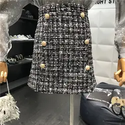 2018 осень Для женщин небольшой ароматный ветер твид юбка дамы Высокая талия двойной брестед-line мини-юбка для девочек, юбки