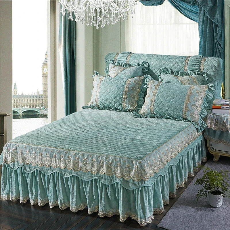 سميكة الصوف الدافئة انتشار السرير Bedskirt الملك/الملكة حجم طقم سرير الوردي الأزرق الأرجواني الدانتيل ملاءات السرير غطاء juego روبا دي كاما سميكة الصوف الدافئة انتشار السرير Bedskirt الملك/الملكة حجم طقم سرير الوردي الأزرق الأرجواني الدانتيل ملاءات السرير غطاء juego روبا دي كاما