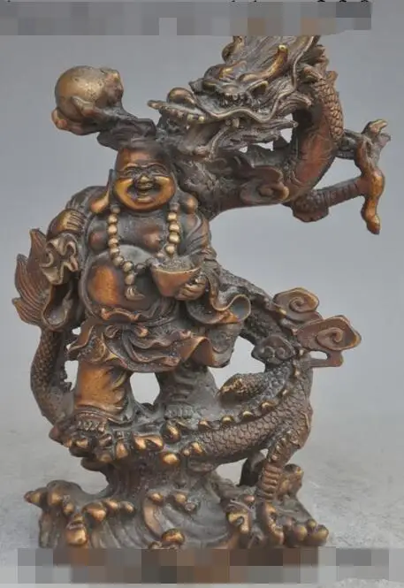 

S05797 9"chinese buddhism bronze wealth yuanbao Maitreya Buddha stand dragon statue