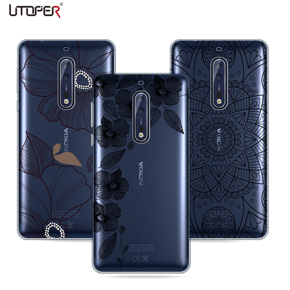 For Nokia 6 Case Silicone Soft Transparent Cover 5 Capa 3 8 TPU Black Flower Funda |