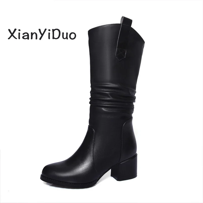 

Xianyiduo autumn Women's Shoes high heels zipper short plush cow Leather mid calf Boots big size 33-44 /9182-26