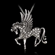 Pink Ruby Emerald Rose Smoky Amber Clear or Crystal Necklace Women Long Jewelry Sweater Necklaces Antique Silver Horse with Wings Pendants Necklaces Fashion