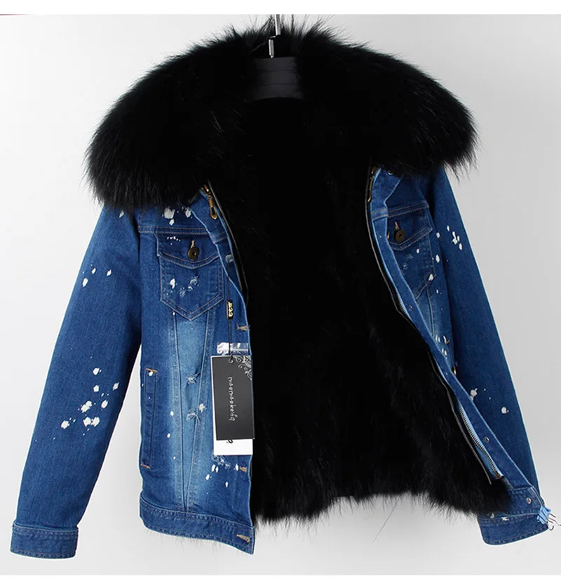 

2018New Fashion Women Real Raccoon Fur Denim Jacket Female Warm Fur Coats Natural Raccoon Fur Collar Real Raccoon Fur Lined Park