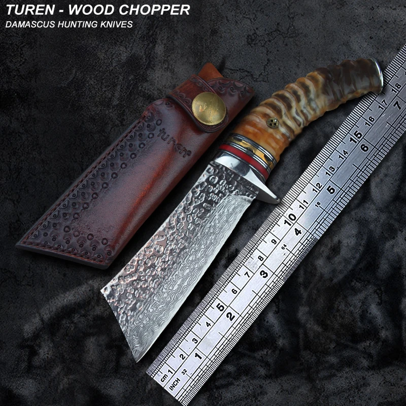

TUREN-Wood Chopper 60 HRC Handmade Damascus hunting straight knife wild ram's horn handle with vegetable tanned leather sheath