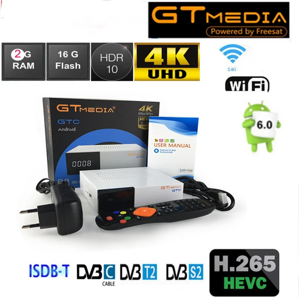 

gtmedia gtc dvb t2 4k Satellite Receiver gtmedia android DVB-S2 dvb-t2 dvb-c ISDB-T Amlogic S905D android6.0 2g 16g vs kii pro