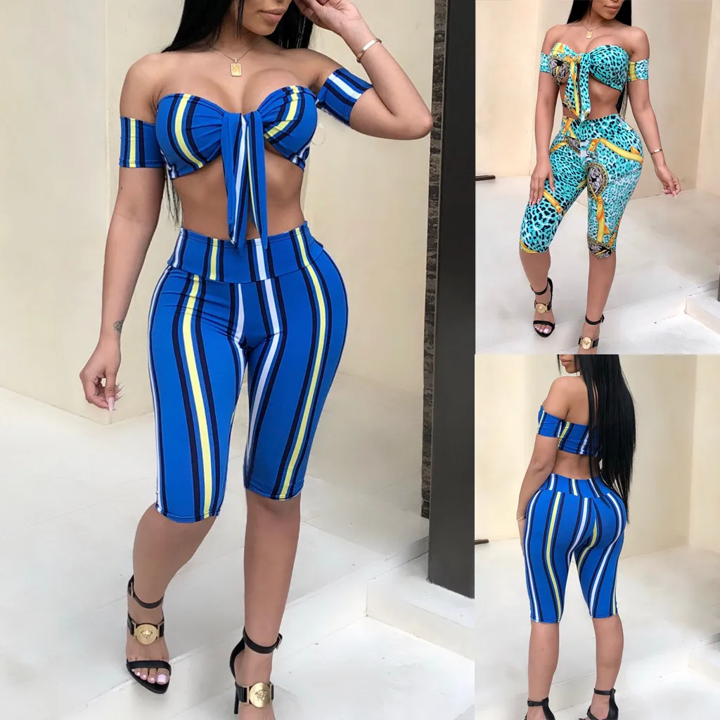 

Summer two piece sets Women Sexy Stripe Tight Fitting Short Sleeve Printing Suit summer clothes for women New Arrival 2019 #E