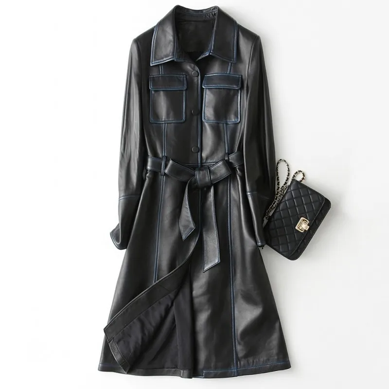Лидирующий бренд, женское итальянское дизайнерское длинное пальто из натуральной овчины, модный пояс с поясом, качественный Тренч из натуральной кожи, ветровка - Цвет: black