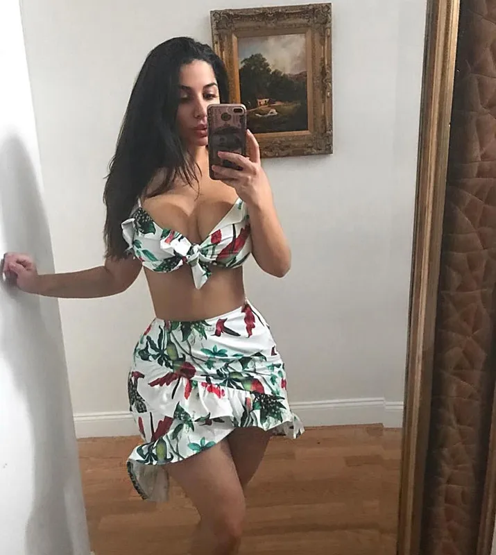 Sexy sling straps printed ruffled nightclub two-piece set suits 9_