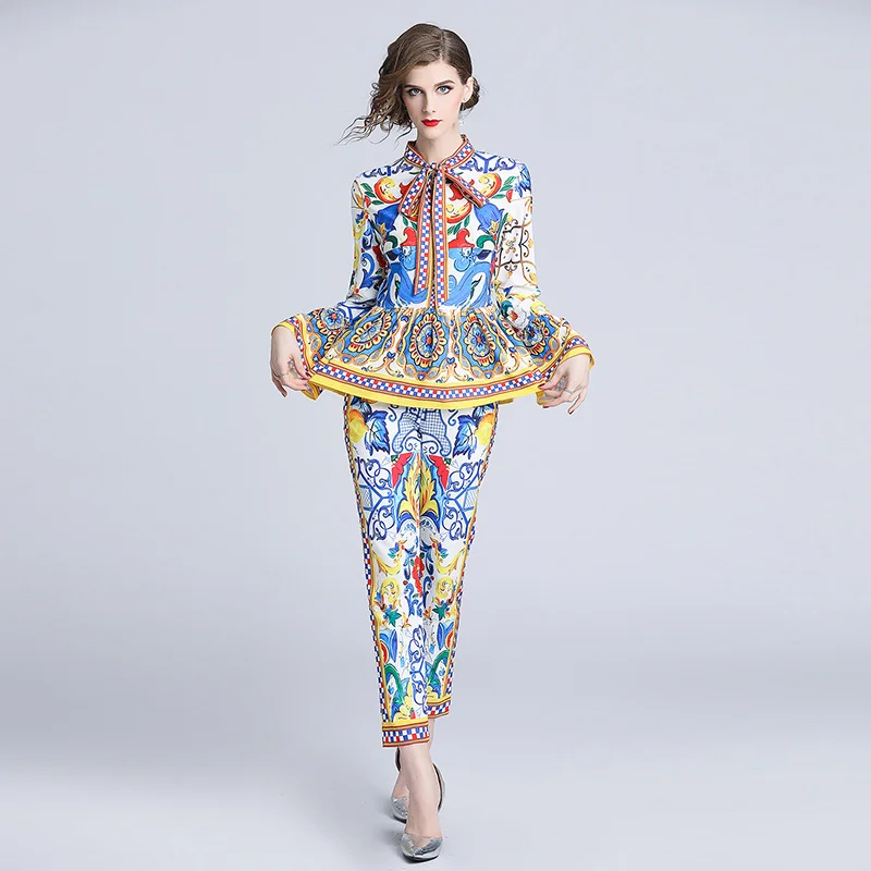 

Tracksuit 2019 Women's Suit Printed Sweatshirt + Patchwork Long Pant 2 Piece Set Two Piece Set Sporting Suit Elastic Waist
