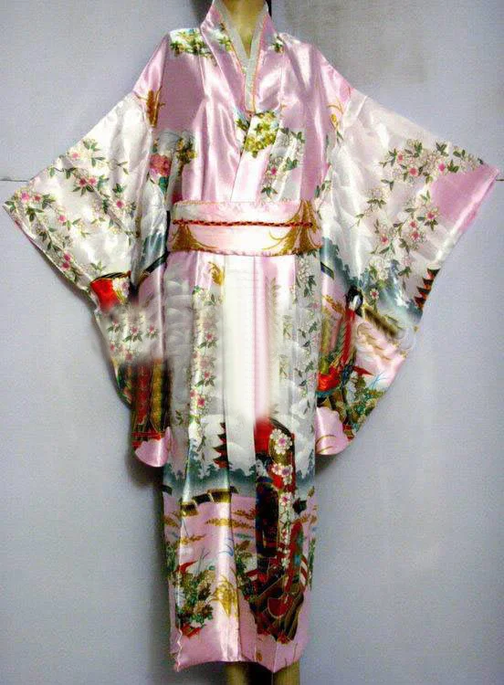 Темно-синее винтажное японское женское шелковое атласное кимоно юката вечернее платье цветок один размер WK007 - Цвет: Розовый