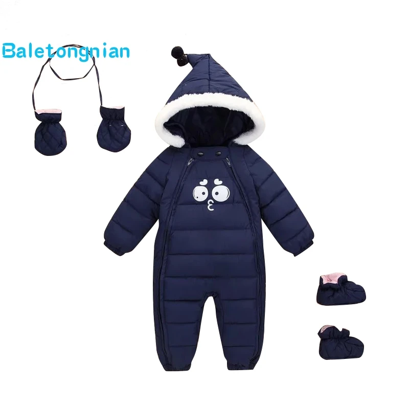 

Down Cotton Baby Rompers spring Winter Thick Boys Girls Warm Infant Kid Jumpsuit Children Romper+shoes+gloves 3pcs Jumpsuit