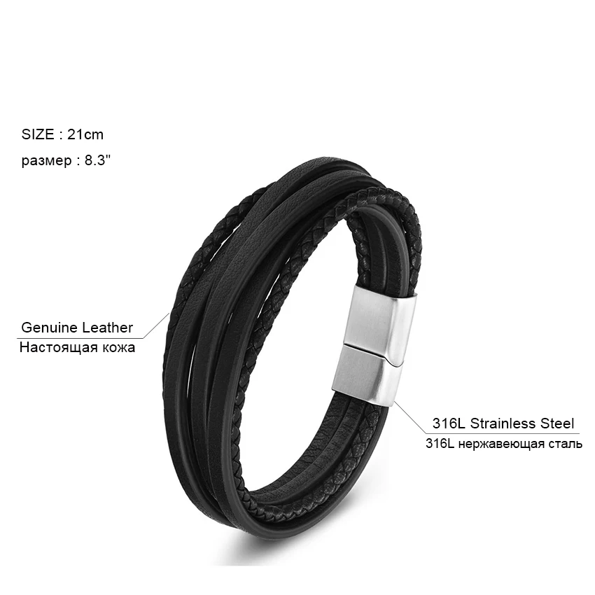 XQNI 2019 Fashion Stainless Steel Chain Genuine Leather Bracelet Men Vintage Male Braid Jewelry for women