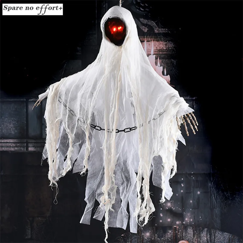 

Halloween Horror Hanging Ghost Scare Black Face Glowing Eyes White Pendant Decoration Voice Control Spooky Skeleton Dolls Evil