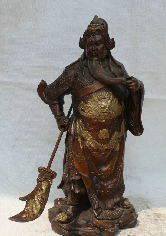 

Collectible bronze S1875 15" Chinese Bronze dragon Robe Stand Guan Gong Yu Warrior God knight Statue