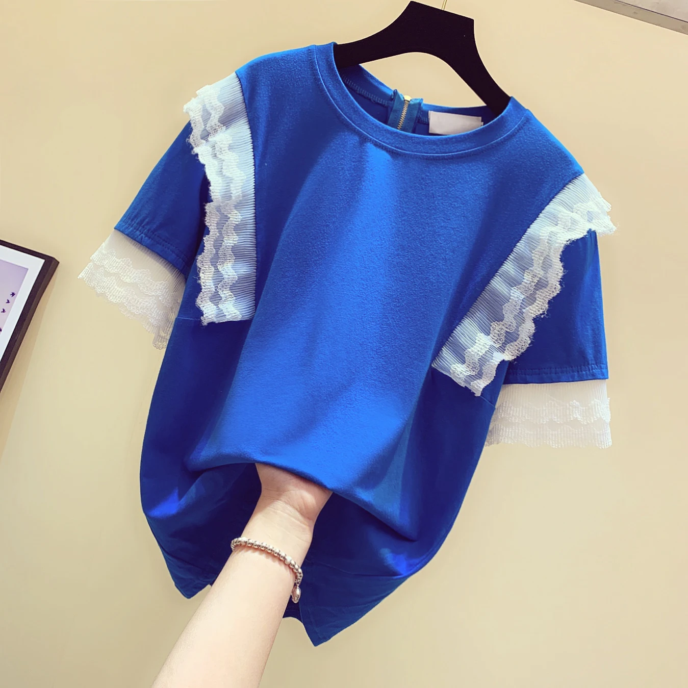 

2019 New Summer Korean Round Collar Lace Stitching T-Shirt Female Short Sleeve Loose Blue Tshirt Girls Lady All-match Basic Tops