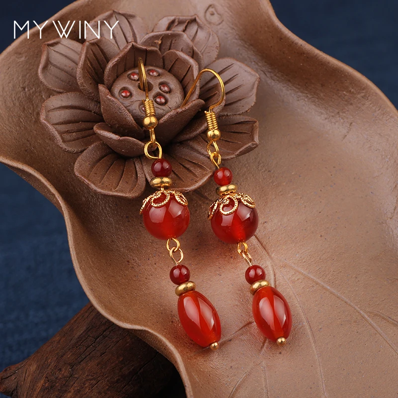 MYWINY винтажные этнические длинные висячие серьги Красные Каменные Бусы для