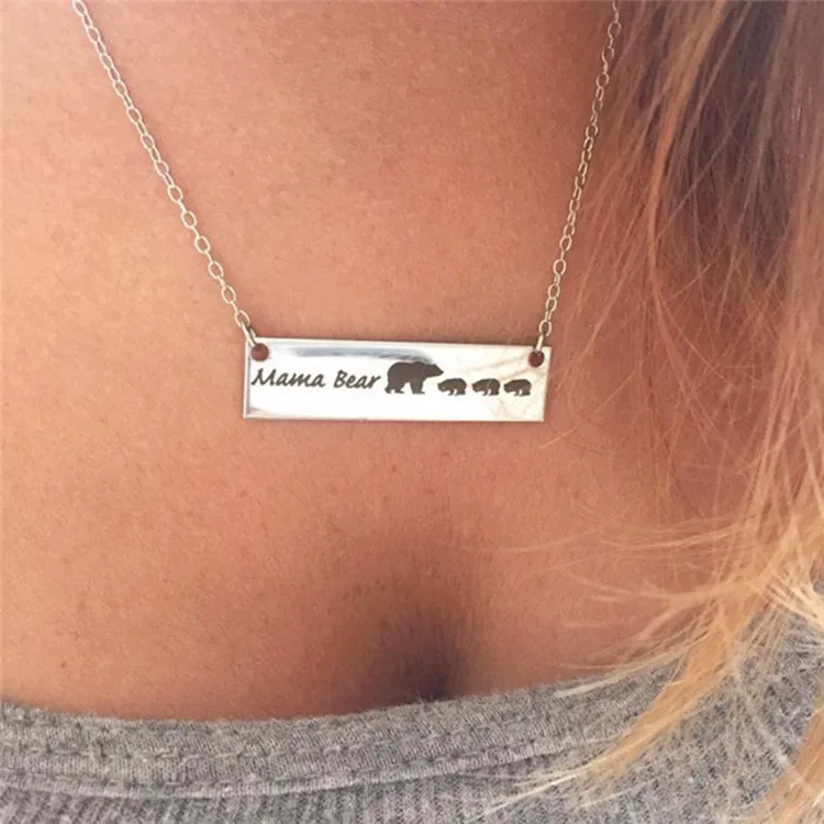

Fashion Women Men Cute Mama Bear Engraved Pendant Metal Chain Necklace Monogram Mother's Day Gift Jewelry 8 Styles