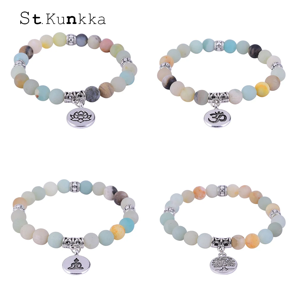 

St.kunkka Matte Amazonite Stone Strand Bracelet Yoga Chakra Mala Bracelet OM Lotus Women Men Beaded Charm Bracelet Handmade Gift