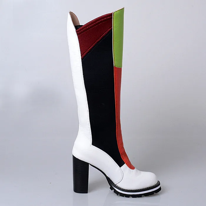 Prova Perfetto Модные Разноцветные сапоги из натуральной коровьей кожи на толстом высоком каблуке милые стильные женские сапоги до колена с круглым носком