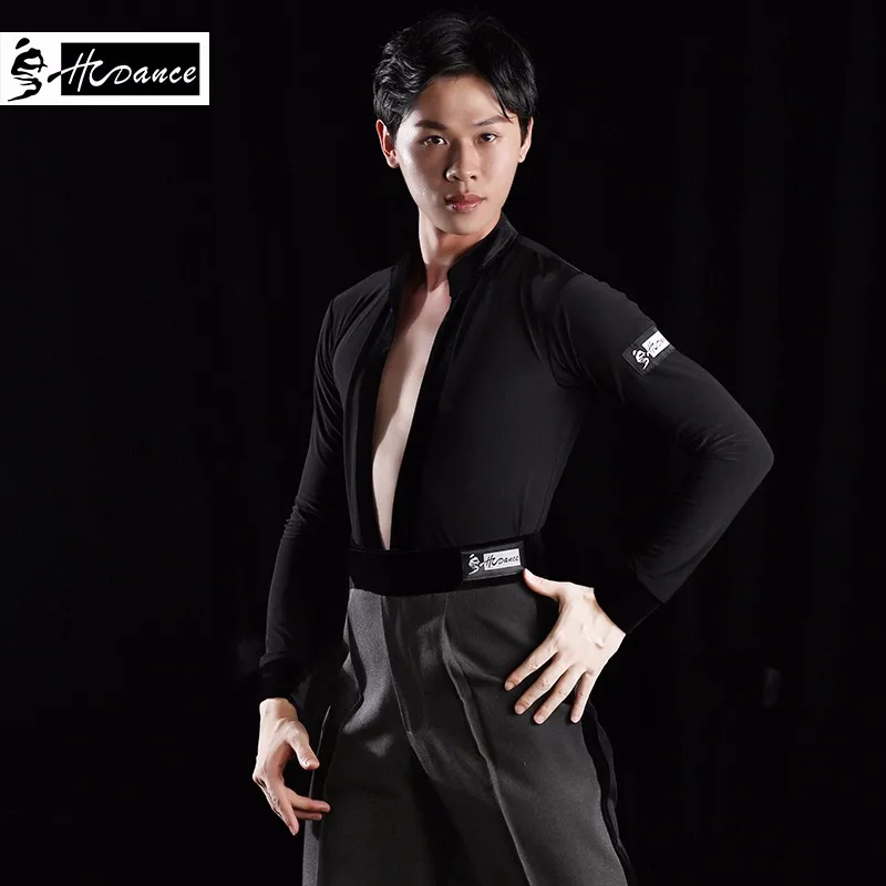 

Adult Latin Dance Shirt Top Summer Short Sleeve Deep V Modern Dance Male Adult Dance Practice Clothes GB Dance - AZ1085