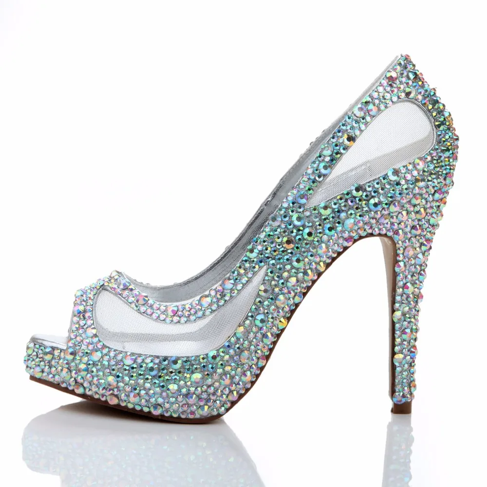 Роскошные разноцветный туфли со стразами свадебные туфли высокая обувь на каблуке красочные на тонком каблуке с открытым носком обувь на платформе вечерняя Обувь для девочек