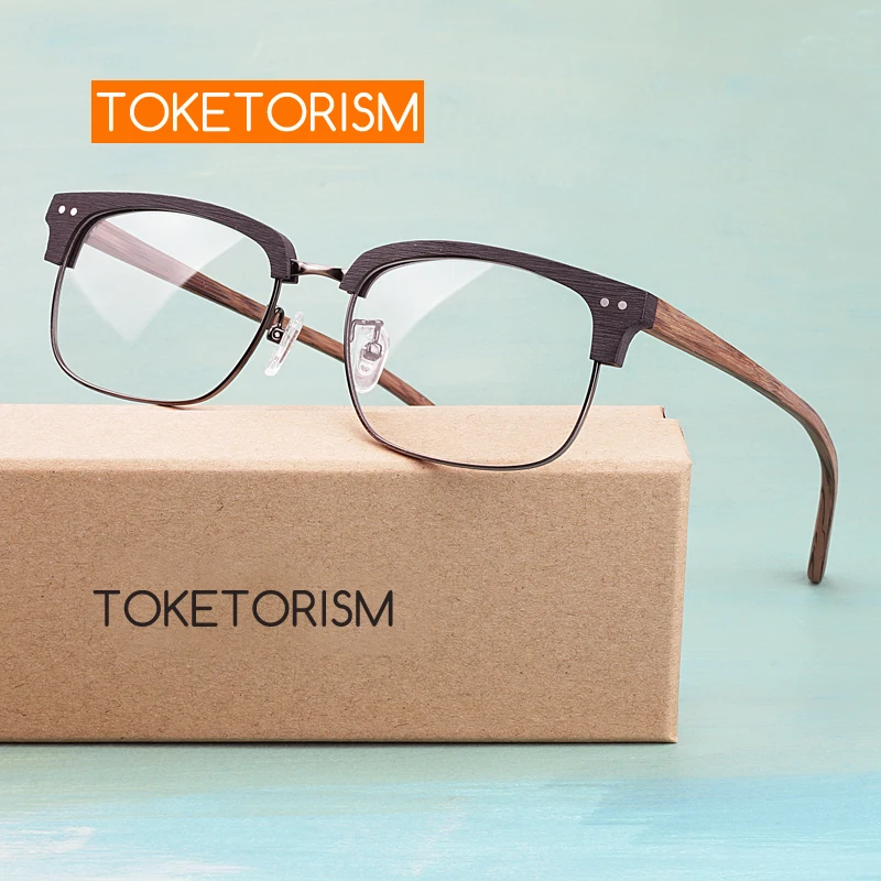 

Toketorism high quality Acetate glasses stylish rectangle semi half frame wood grain optical eyeglasses frame for women men