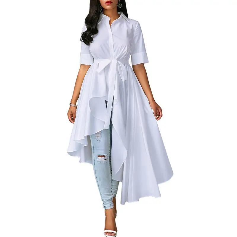 

Irregular Hem Elegant Shirt Dress Women Half Sleeve Belted High Waist Lace Up Bandage Dress Asymmetrical Office Lady Dress Robe