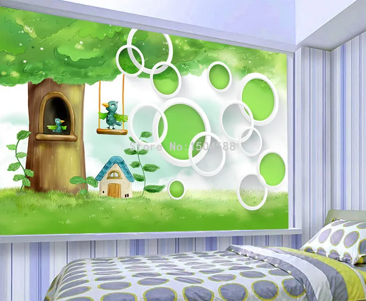 Пользовательские фото обои 3D мультфильм дети зеленое дерево роспись в виде птиц обои дети спальня экологически чистый нетканый Papel де Parede