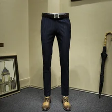 Мужские модельные туфли Штаны обтягивающий официальный деловой темно-синего цвета в полоску повседневные туфли, свадебная обувь, обувь для жениха День отца костюм в подарок женские укороченные брюки больших размеров 36