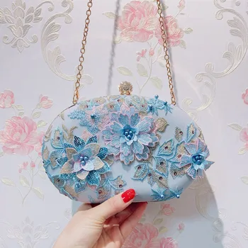 

Hot Sale Evening Bag Blue Flower Bride Bag Purse Dress Party Handbag White Wedding Clutch Women Evening Purse Banquet Clutch