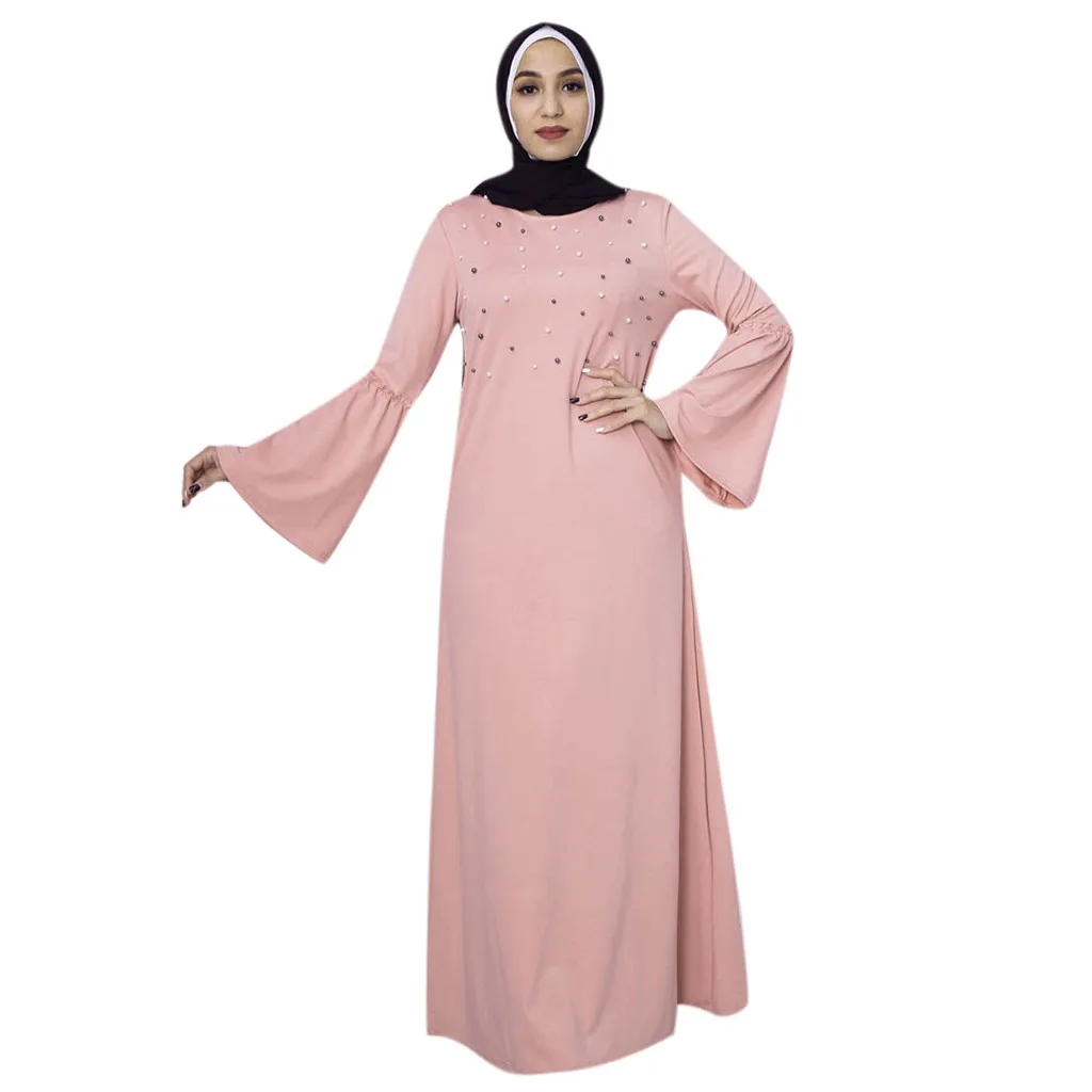 Womail мусульманских Абаи женский Восточный халат Исламская длинный рукав летучая мышь вязать с жемчугом Свободные элегантные мусульманские Вечерние Дубай A9 - Цвет: PK