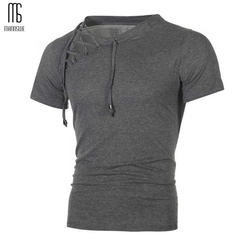 

Fashionable Men Solid T Shirt Lace Up Tie Neck Short Teens Tops Slim Gym Pullovers Tees for Spring Summer