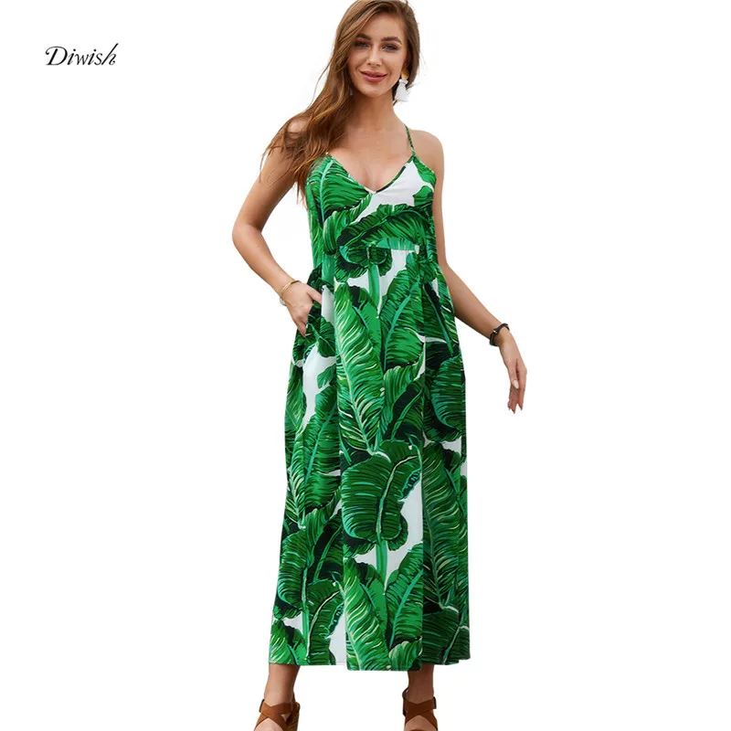

Diwish Summer Dress 2019 V-Neck Print Spaghetti Strap Bohemian Dress Pockets Design Elegant Sundress Casual Beach Maxi Dress