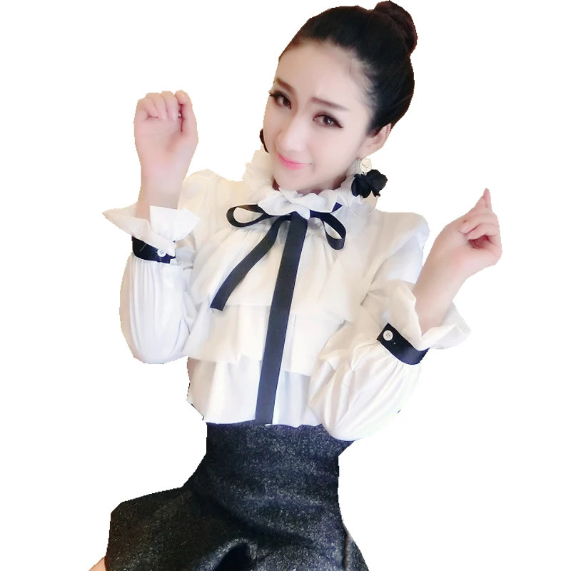 Harajuku New Spring Summer Blouse Women Long Sleeve Shirts Fashion Leisure Chiffon Shirt Bow Office Ladies Stand White Tops 2