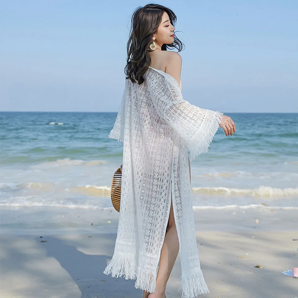 Ажурный кружевной кардиган с бахромой Женская длинная шаль снаружи летнее платье тонкое пальто приморский праздник защита от солнечных лучей на пляже одежда