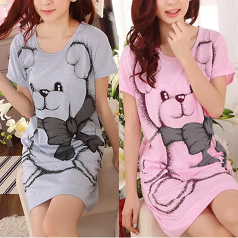 Летние женские ночные рубашки с коротким рукавом, милые пижамы с рисунком медведя из мультфильма