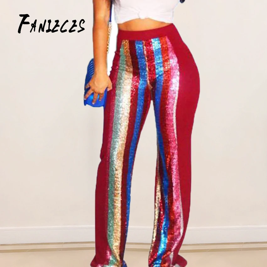 

FANIECES Fashion Shiny Women Sexy Club Striped streetwear Pants pantalones mujer elastic waist Disco Pants Pants Long Trousers