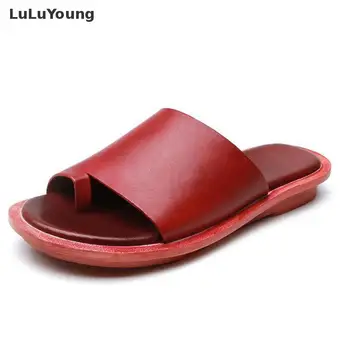 

Women Wearing Retro Genuine Leather Beach Sandals Summer Yellow Red Green Flats Ladies Sandals