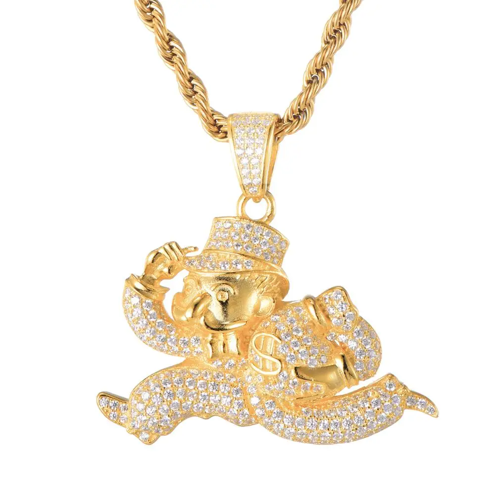Pаспродажа Iced Out Bling набор украшений с цирконием Монополия бегущий клоун с брелоки для сумки и ожерелья для мужчин хип хоп ювелирные изделия