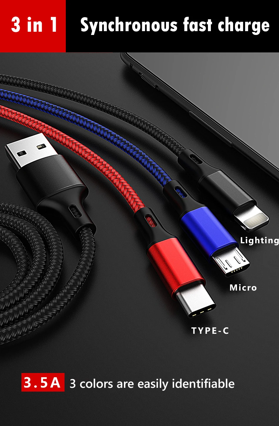 NOHON 3.5A 3 in 1 USB Cable Lighting For iPhone X 8 XS MAX XR 7 6 6s Plus Micro USB Type C For Xiaomi 6 Huawei Charge Cable 1 (1)