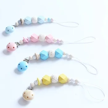 

Baby Wooden Pacifier Chain Clip Newborn Holder Non-slip Silicone Rhombus Colorful Beads Infant Soother Clip Chain