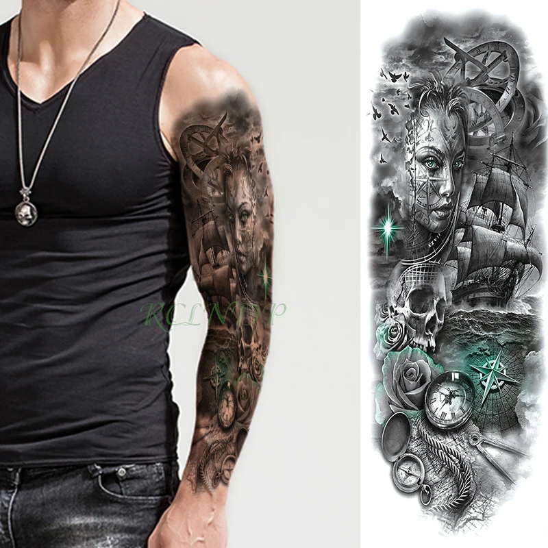 

Waterproof Temporary Tattoo Sticker sailing compass full arm large size fake tatto big flash tatoo sleeve for men women girl