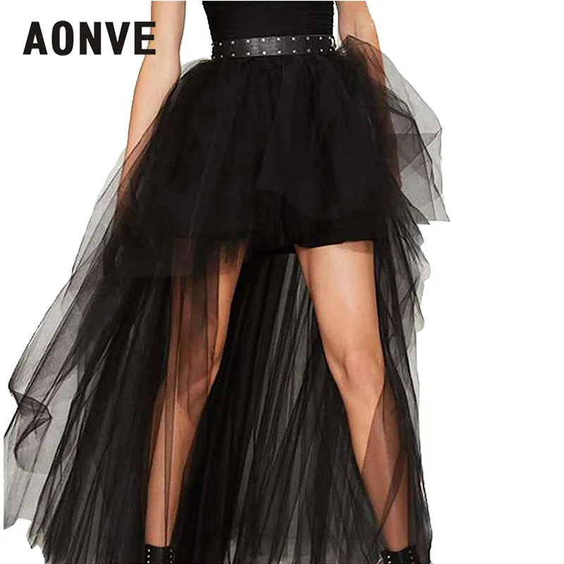 AONVE, черная готическая юбка, женская сексуальная Длинная юбка макси с высокой талией, фатиновая сетчатая юбка-пачка для взрослых, Jupe Femme, летняя Пышная юбка размера плюс