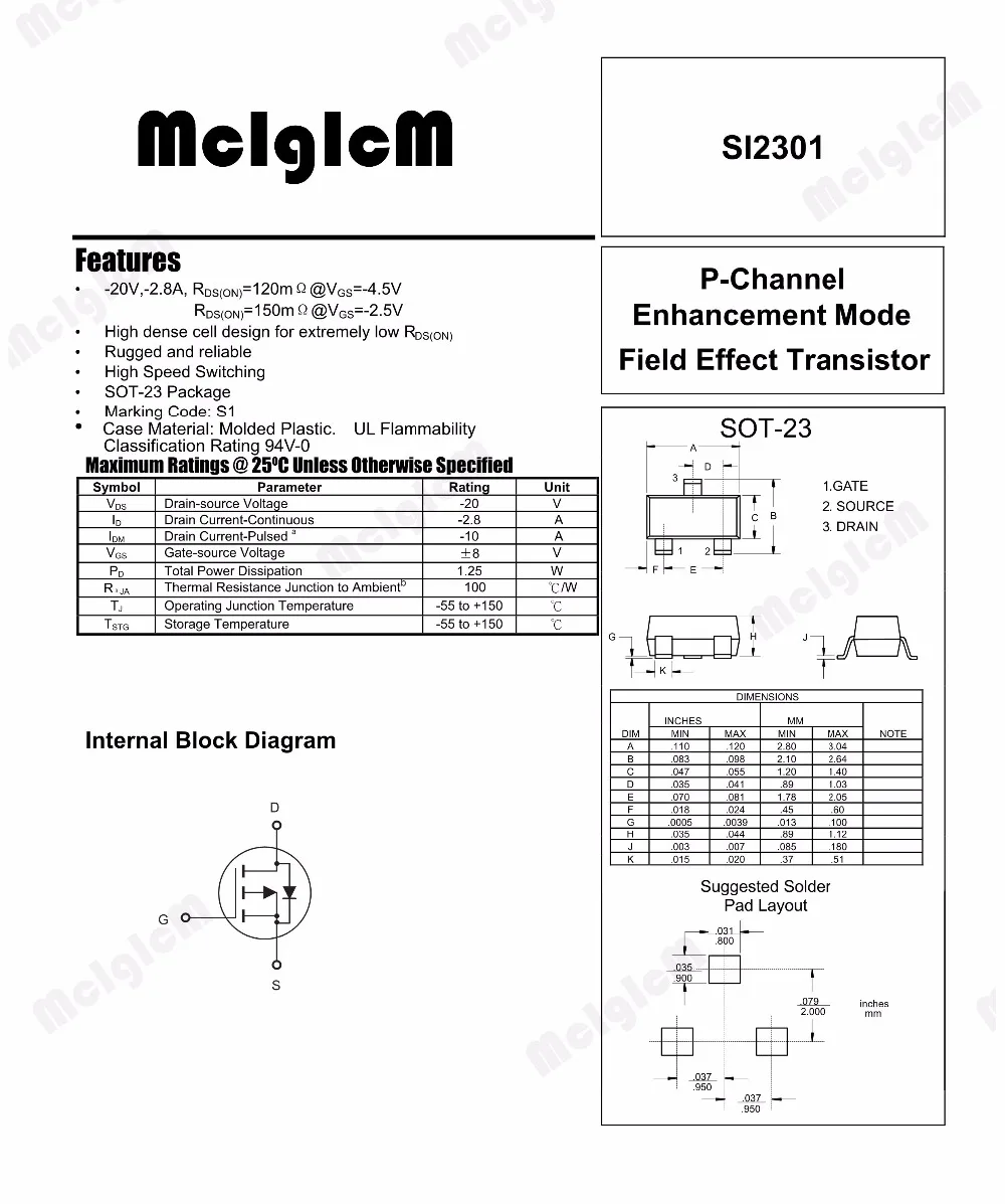 MCIGICM si2301 100 шт. МОП транзистор для поверхностного монтажа SOT 23 SI2301 20 в 3 1 а с