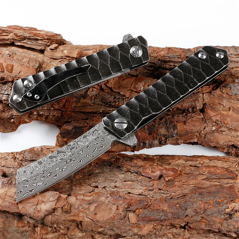 

Damascus steel BlackPEGASI Tactical Folding Knife D2 Blade 59HRC Outdoor Camping Hunting Survival Pocket Utility EDC Tools