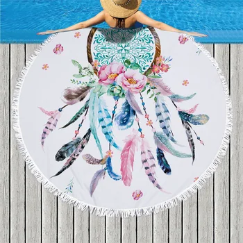 

Dreamcatcher Printed Large Oversized Boho Style Bohemian Indian Round Beach Towel Microfiber Thick Terry Cloth With Tassels