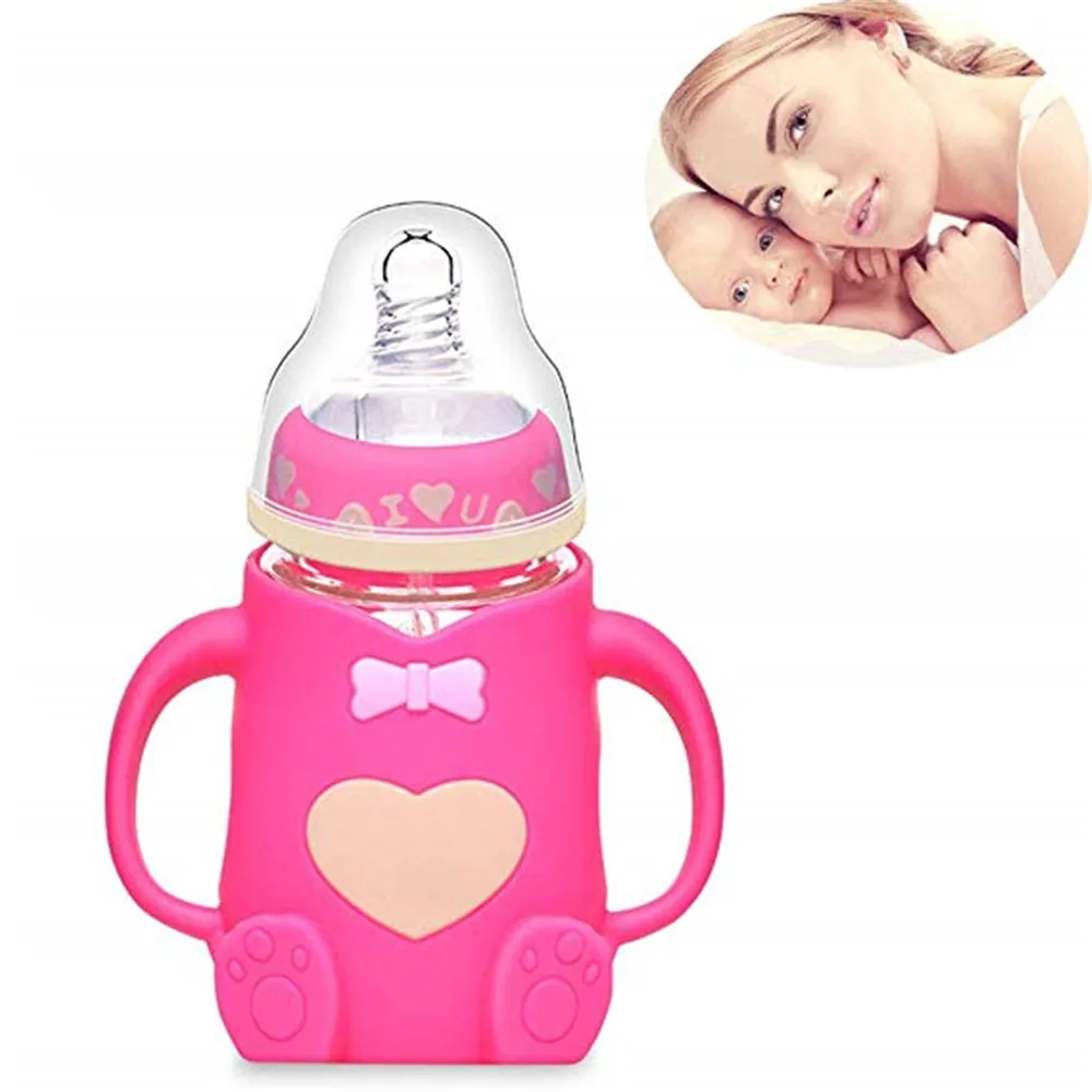Товары для матери и ребенка, милый бант для новорожденного ребенка, широкий калибр, нескользящая бутылочка с ручкой, стеклянная бутылочка для кормления ребенка - Цвет: 2